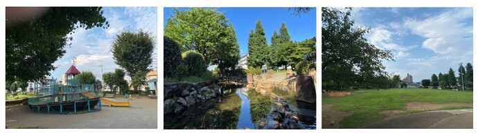 窪東公園の滑り台・川・芝生の広場の画像