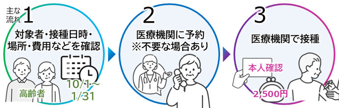 主な流れを文字とイラストで掲載した画像（対象者・接種日時・場所・費用などを確認し、予約が必要な医療機関へは予約のうえ、医療機関で接種してください）