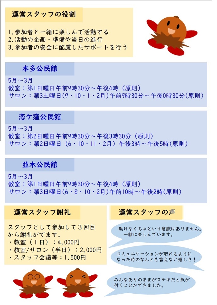 「本多・恋ケ窪・並木公民館主催事業 くぬぎ教室」スタッフ募集のチラシ裏面（記載内容は、本ページ内にテキストで掲載されています。）