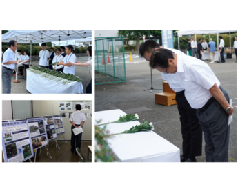 献花の様子、ピースメッセンジャーが花を渡す様子、展示の様子