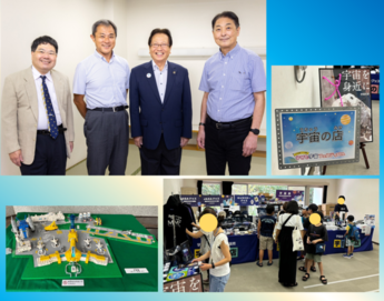 笑っている講師と市長、ブロックで作られた宇宙港、物販の様子