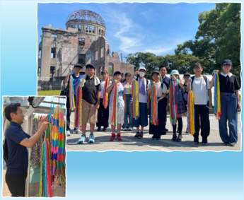 原爆ドーム前の集合写真、折り鶴の奉納の写真