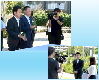 献花の様子、取材を受けている様子