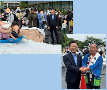 市長と飯山市長との記念写真、そり滑りをする子どもたちを見守る市長の様子