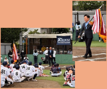 市長の挨拶の様子、優勝旗の授与の様子